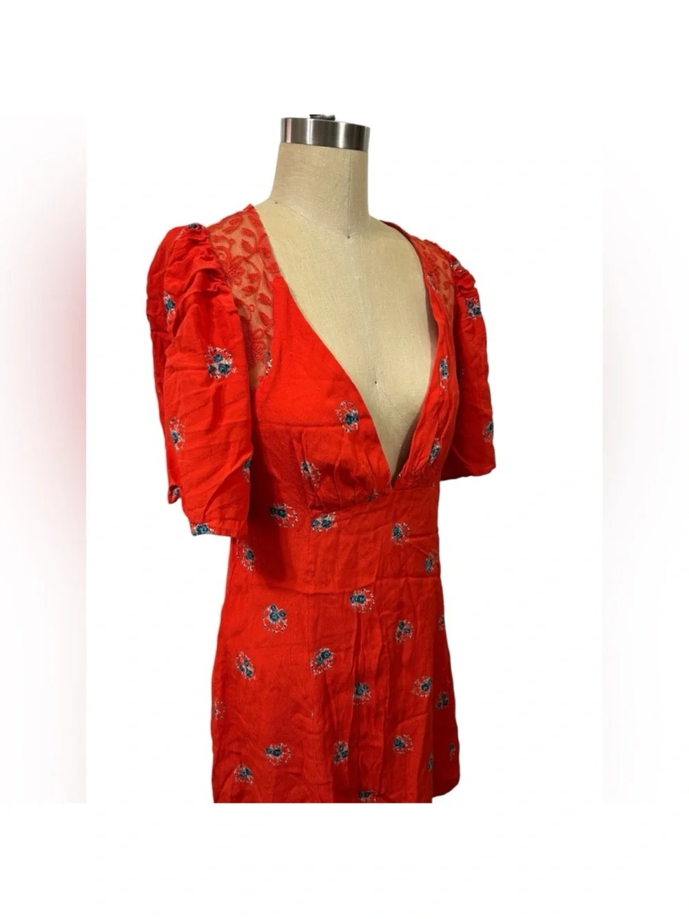 FREE PEOPLE Women Mocking Bird Backless Coral Red Lace Floral Mini Dress size 12 - Picture 7 of 15